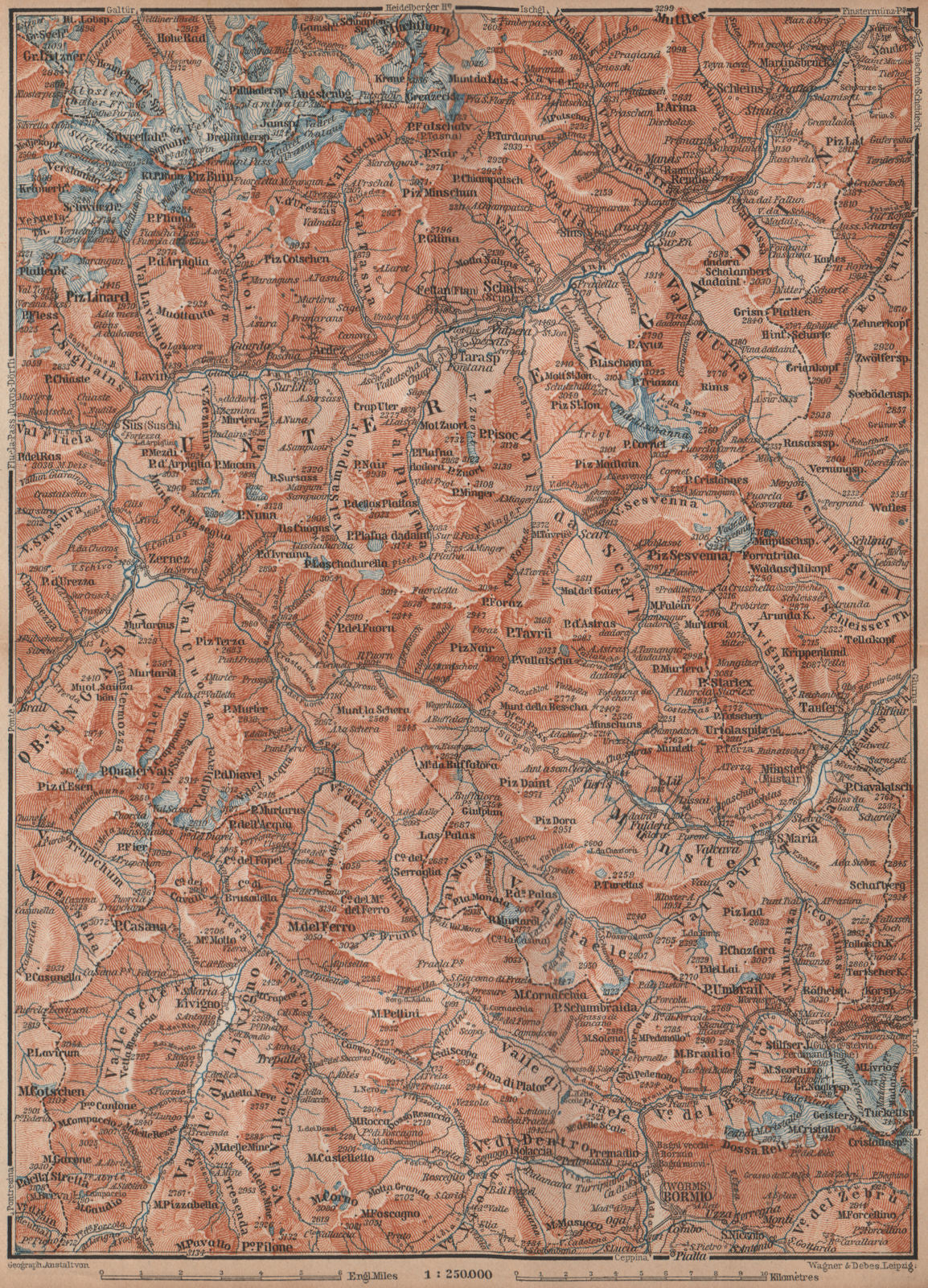 LOWER ENGADINE. Livigno Bormio Ftan Scuol Silvretta Range Piz Buin 1893 map